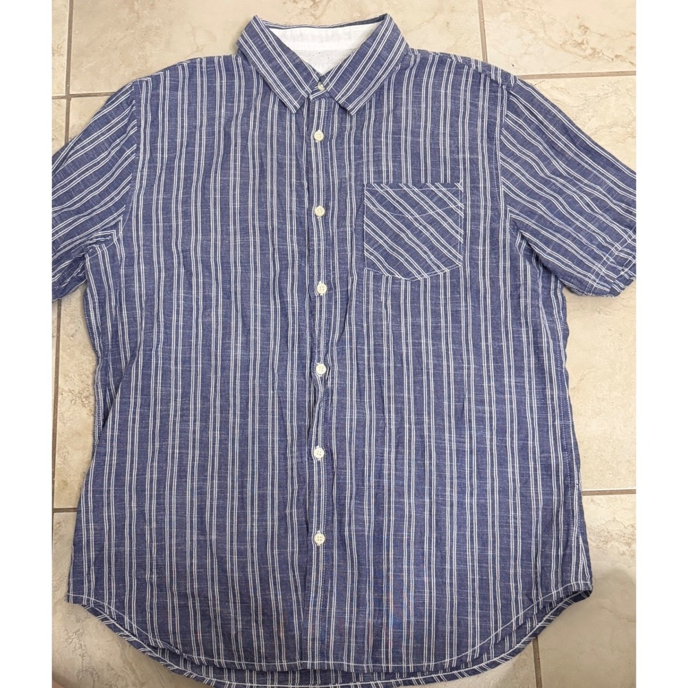 Paperdenim&cloth Mens Large Blue White Striped Cotton Short Sleeve Button Down